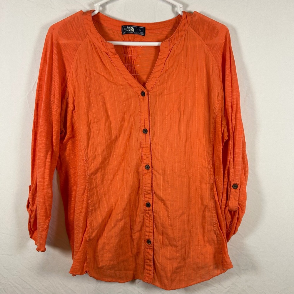 The North Face Womens Orange Knit Button Down Pintuck Long Sleeve Top Size M
